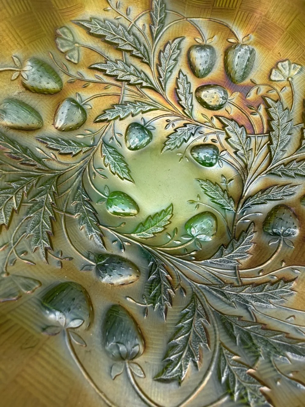 Northwood Antique Green Carnival Glass Strawberry Basketweave Ruffle Edge Bowl